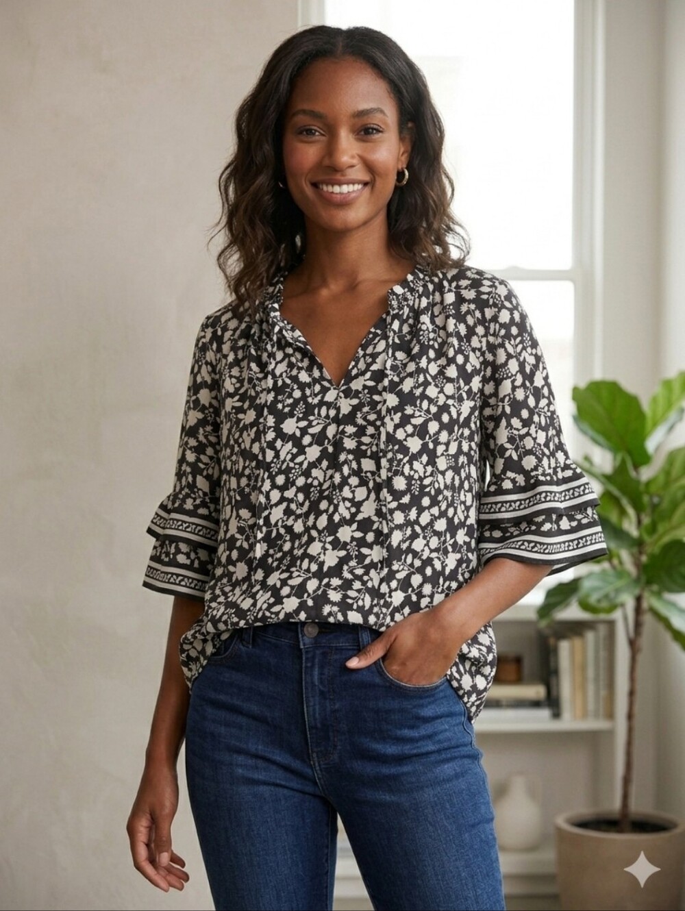Max Studio Black & White Floral Ruffle Sleeve Blouse Sz 1X